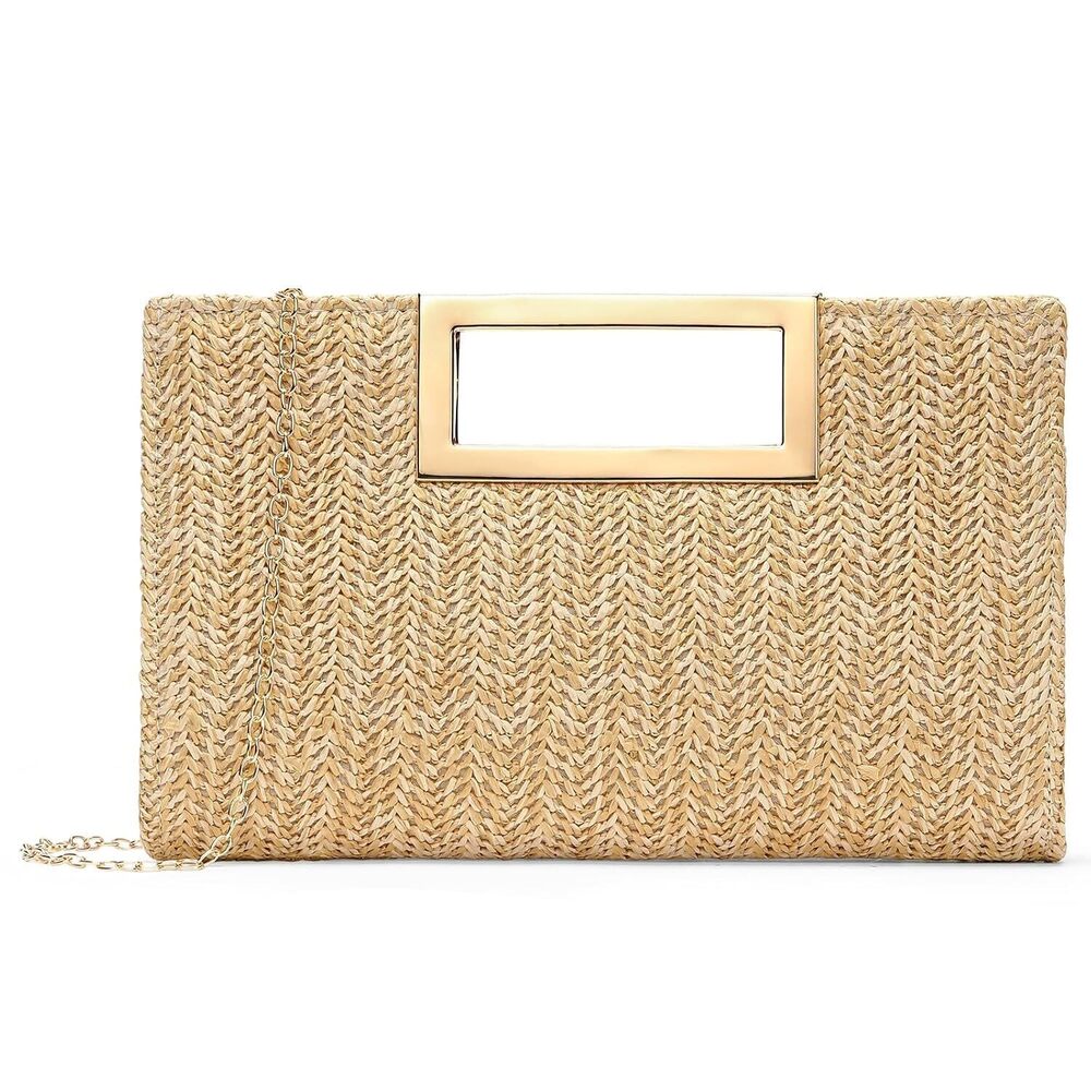 Top Handle Clutch Handbags Straw Clutch Purses for Women with Detachable
